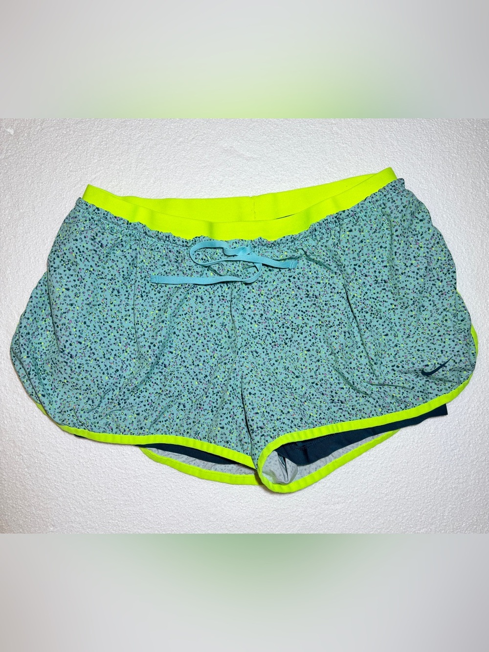 Nike Full Flex 2-in-1 Teal Micro-Print Running Shorts with Neon Yellow Trim L